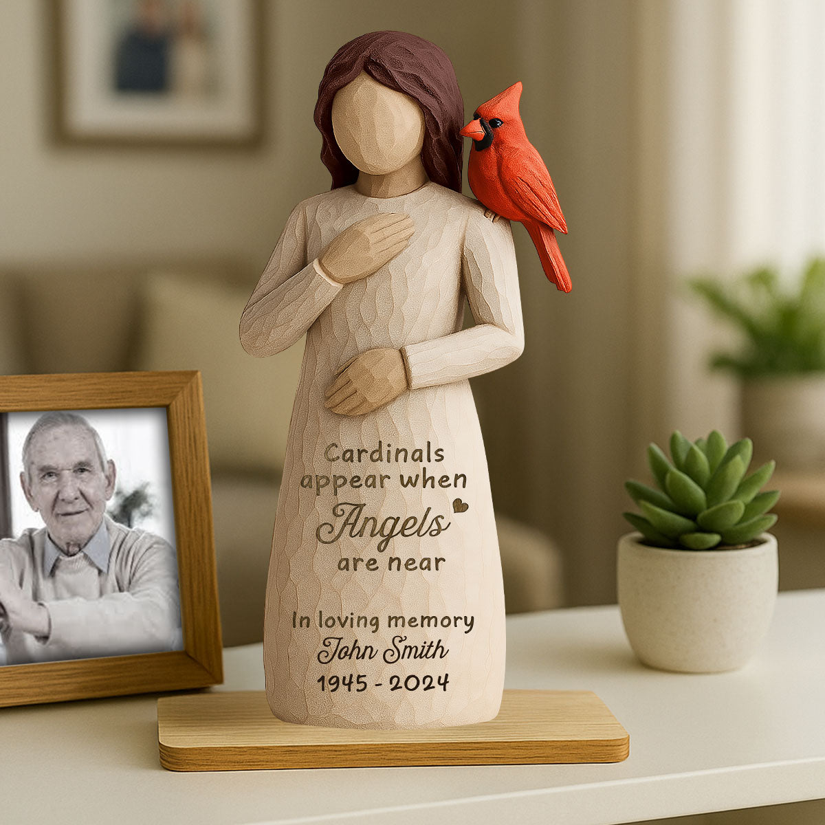 Always With You Cardinal & Woman 3D Effect Personalized Standing Wooden Plaque, Memorial Sympathy Gift