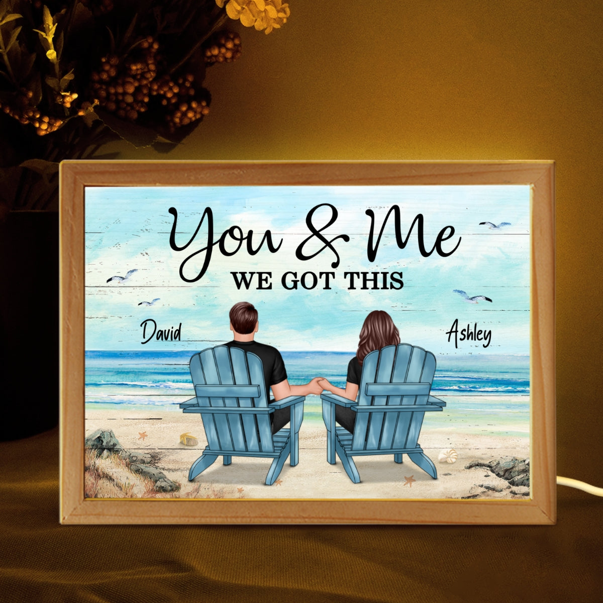 [EXCLUSIVE LIMITED EDITION] Couple Sitting At Beach Retro Personalized Luminous Frame Light Box, Anniversary Gift For Couple