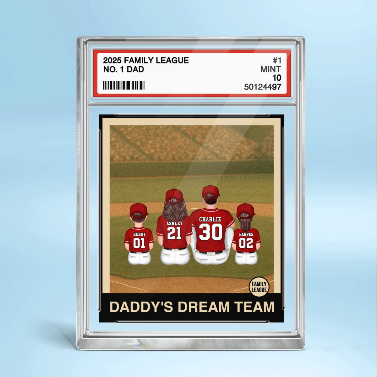 Retro Baseball No. 1 Dad Man & Kids Sitting Trading Card Style Personalized Acrylic Block Plaque