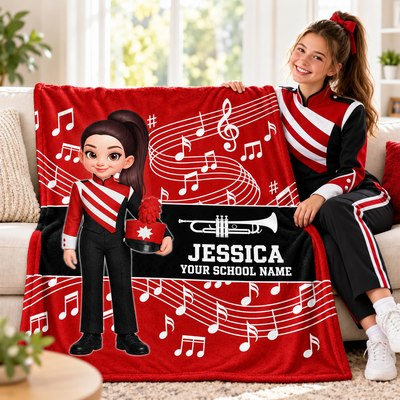 Custom Music Marching Band, Orchestra, Personalized Name, Color, School, Instrument, Trumpet, Clarinet, Tuba, Violine - Personalized Fleece Blanket - Christmas Gift For Son, Grandson, Daughter, Granddaughter