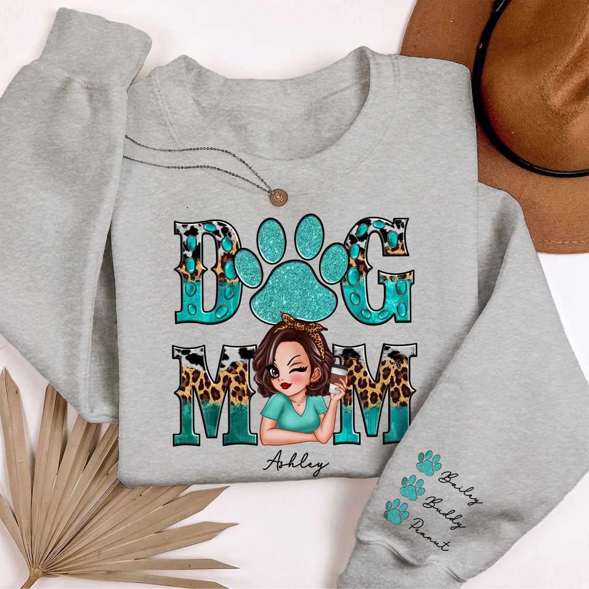 Teal And Leopard Dog Mom Gift For Dog Lovers Personalized Sleeve Printed Sweatshirt