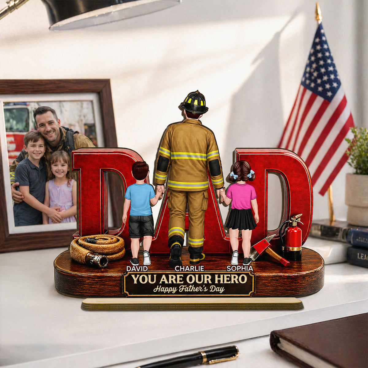 Proud Firefighter Dad You Are Our Hero - Personalized 2-Layered Wooden Plaque - Father's Day Gift For Dad