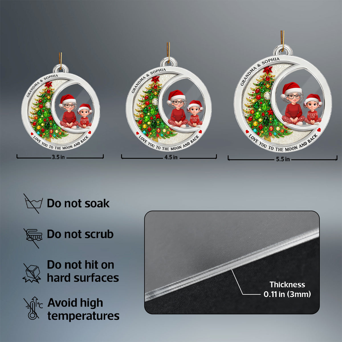 2D Flat Crystal Effect Love To The Moon Grandma Grandkid Sitting - Personalized Acrylic Ornament