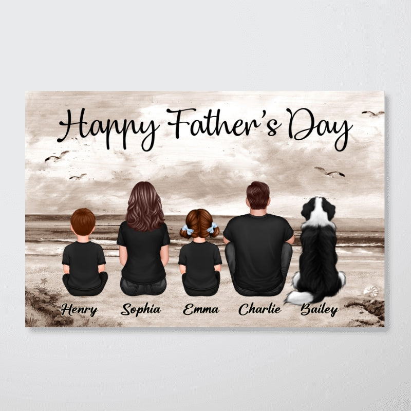Family Sitting Retro Vintage Beach Landscape - Personalized Poster - Gift For Dad, Husband