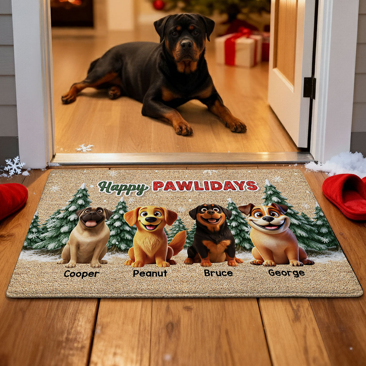 3D Effect Snowy Christmas Tree Beautiful Dog Merry Woofmas Christmas - Personalized Doormat