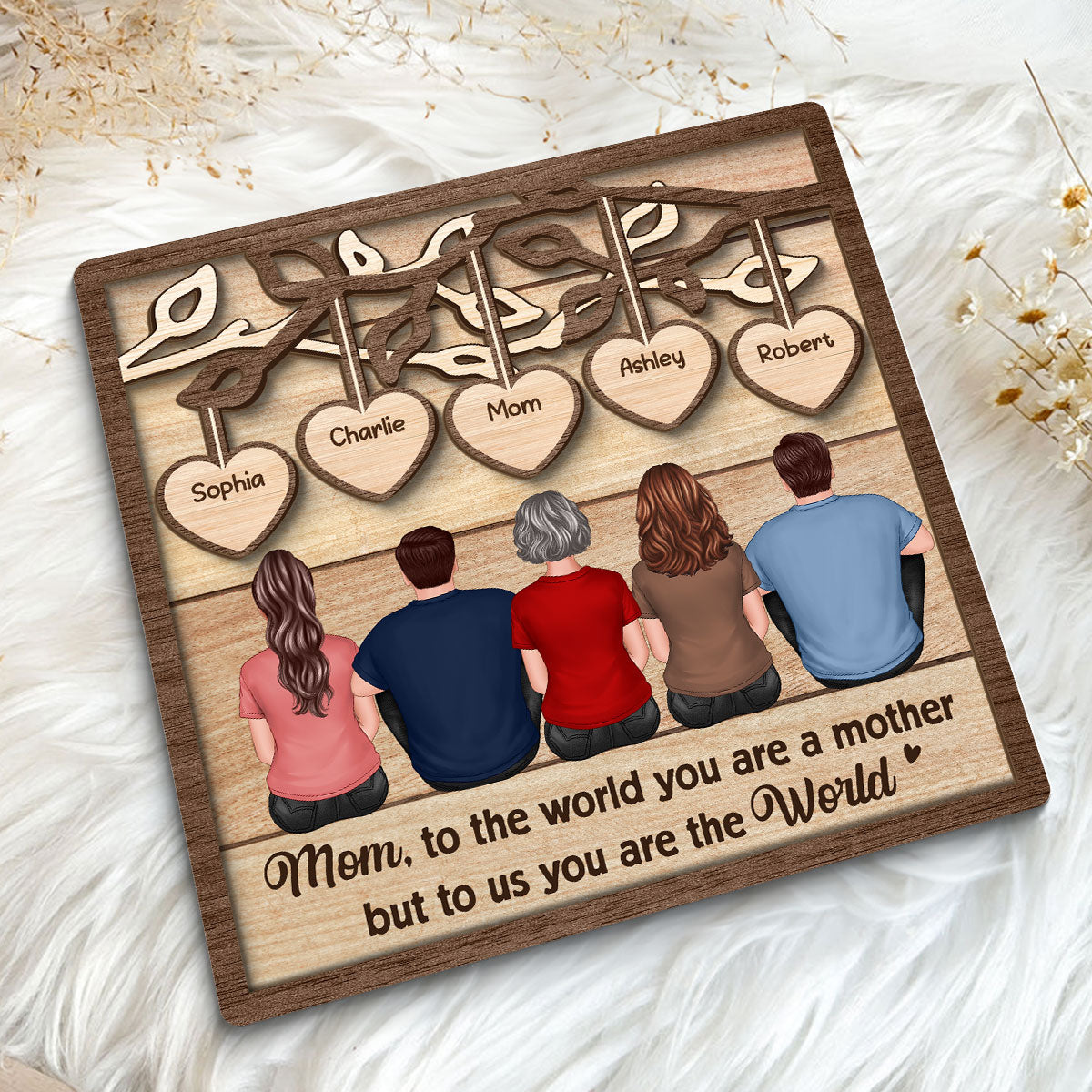 Back View Mom And Daughters Sons Sitting Under Heart Tree Gift For Mom Personalized 2-Layer Wooden Plaque