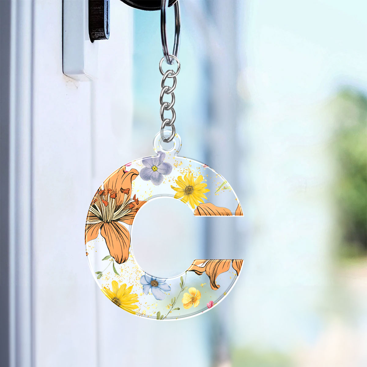 Birth Month Flower Initial Letter Personalized Acrylic Keychain, Gift For Her