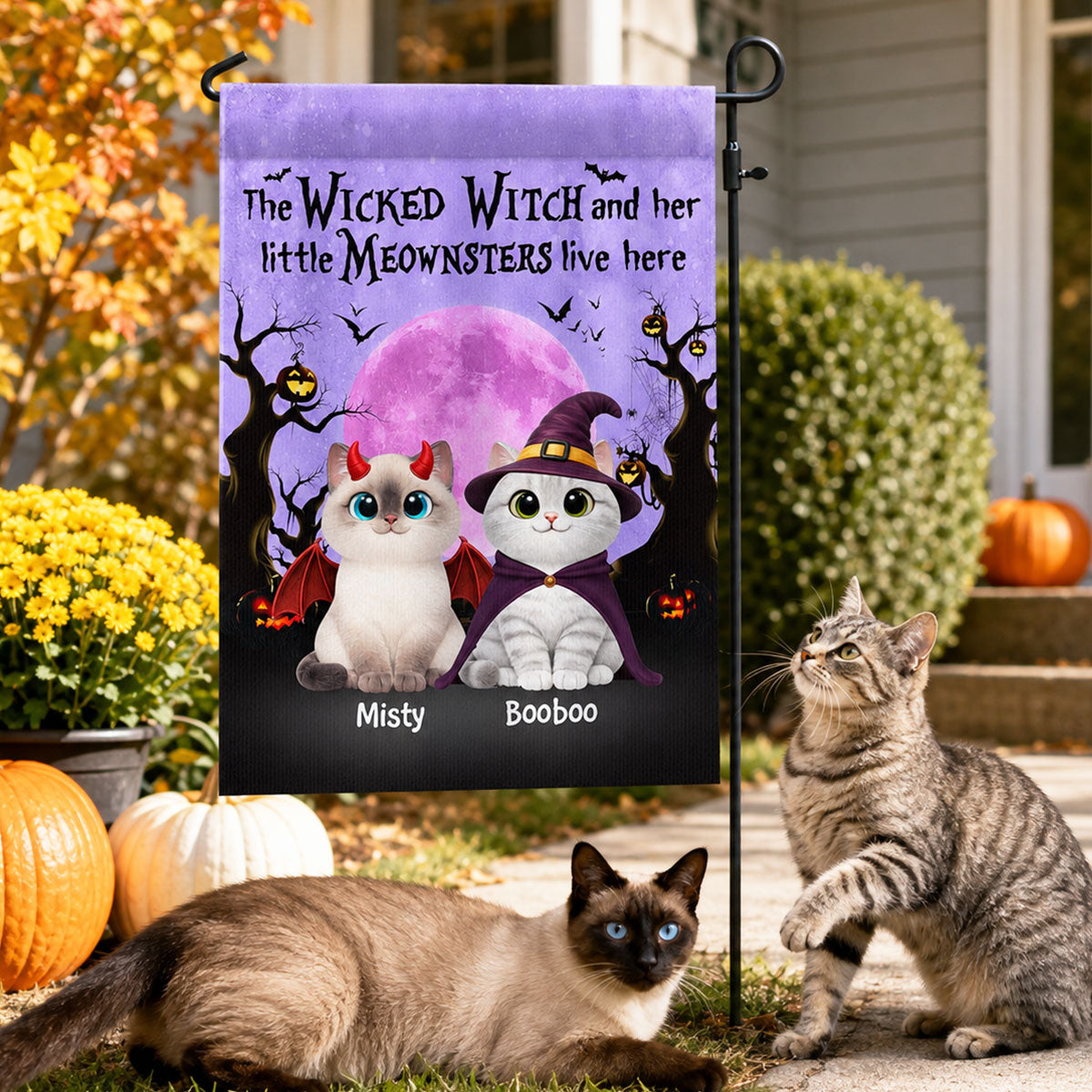 Halloween Theme The Wicked Witch And Her Meownsters Cats Live Here - Personalized Garden Flag - Halloween Decor For Cat Lovers
