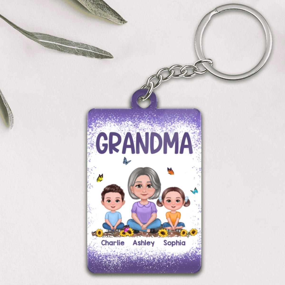Purple Grandma Mom Kids Butterflies Personalized Acrylic Keychain