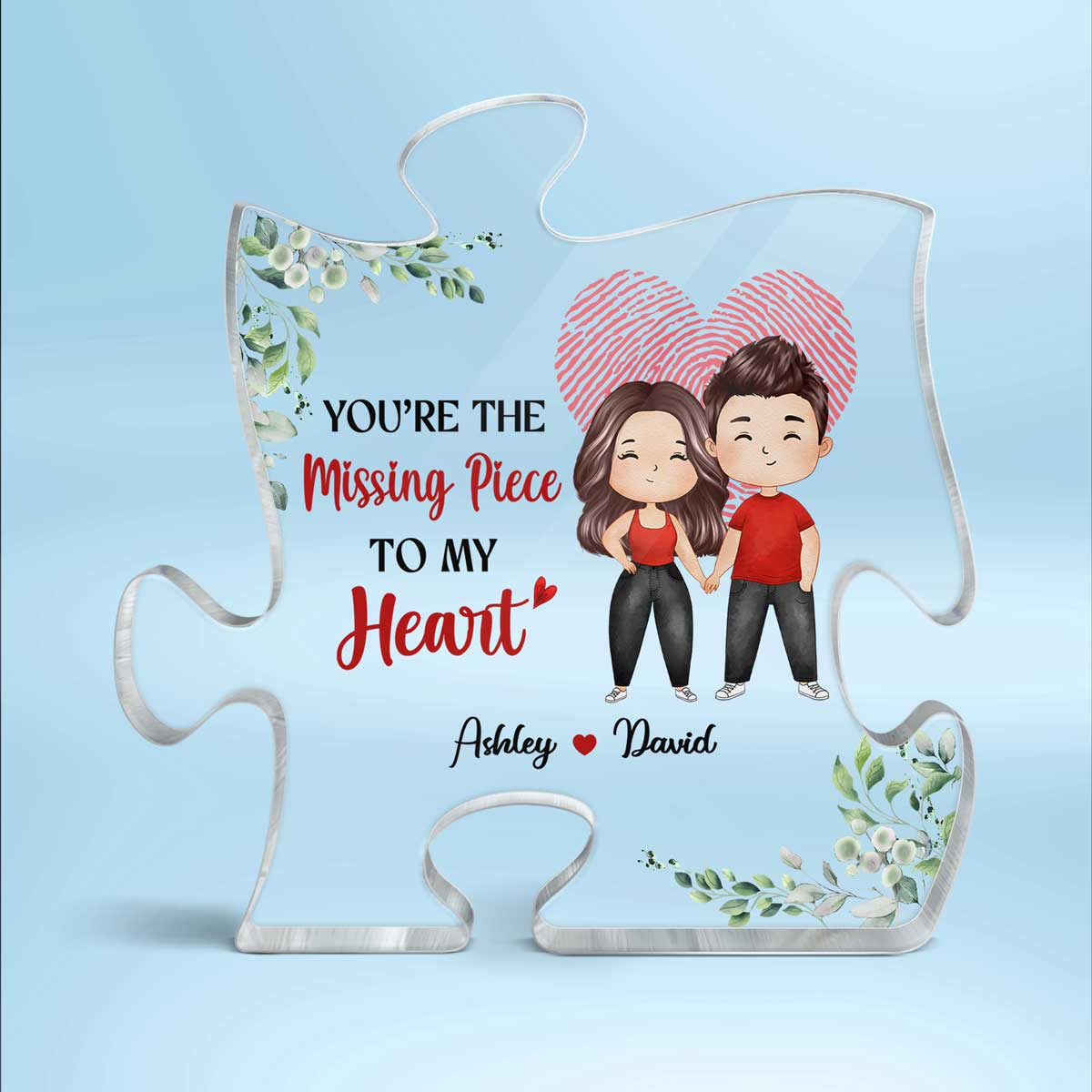 The Missing Piece Watercolor Couple Heart Fingerprint Personalized Puzzle Acrylic Plaque