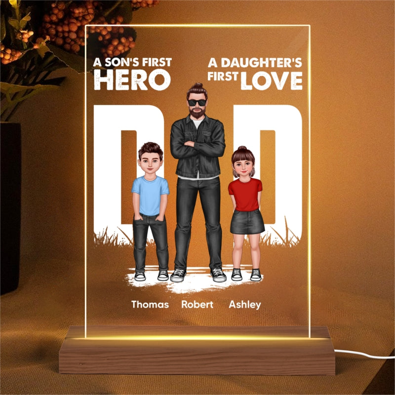 Dad Son First Hero Daughter First Love Standing Front View Personalized Rectangle Acrylic LED Night Light