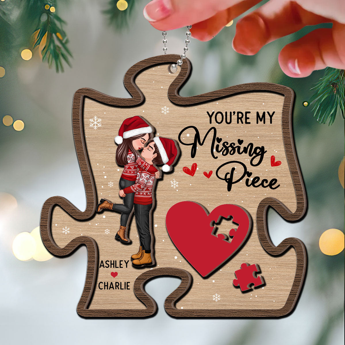 My Missing Piece Couple Hugging Kissing Christmas Personalized 2-Layer Wooden Ornament