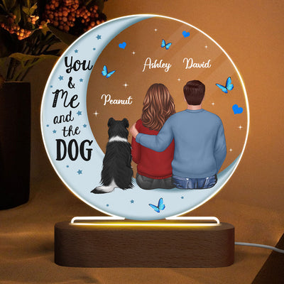 Couple And Dog Blue Moon Personalized Circle Plaque LED Night Light - Acrylic LED Lamp - Valentine‘s Day Gift For Him, Gift For Her