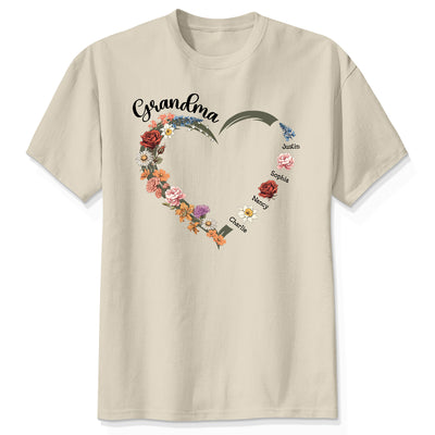 Grandma Mom Heart Birth Month Flowers Personalized Shirt