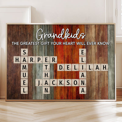 Grandkids Make Life More Grand Colorful Palette Crossword Puzzle Art Personalized Poster | Heartfelt Gift For Grandparents, Grandma, Grandpa | Home Decor for Grandparents' House