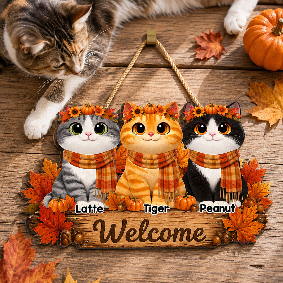 Fall Cats Welcome Door Sign - Personalized Door Sign - Fall Season Decor Gift, Gift For Cat Lovers