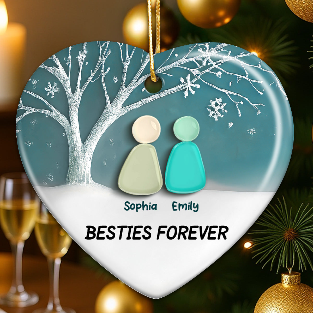 2D Sea Glass Effect Besties Forever - Personalized Ceramic Ornament - Friendship Gift, Christmas Gift For Best Friends