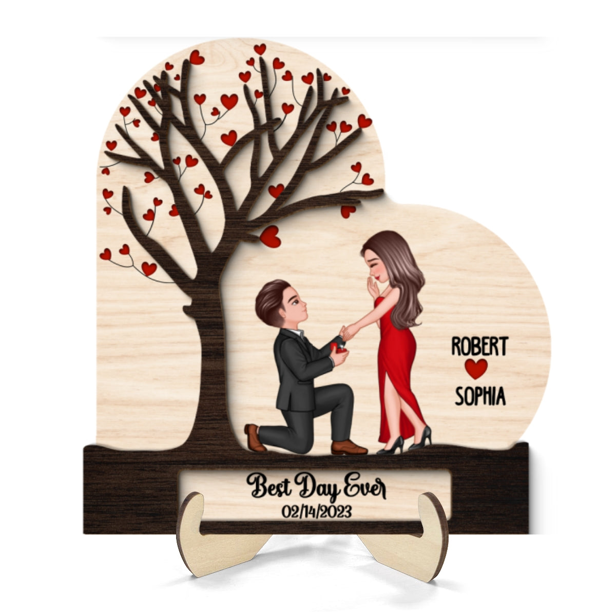 Proposal Couple Under Heart Tree Personalized 2-layer Wooden Plaque