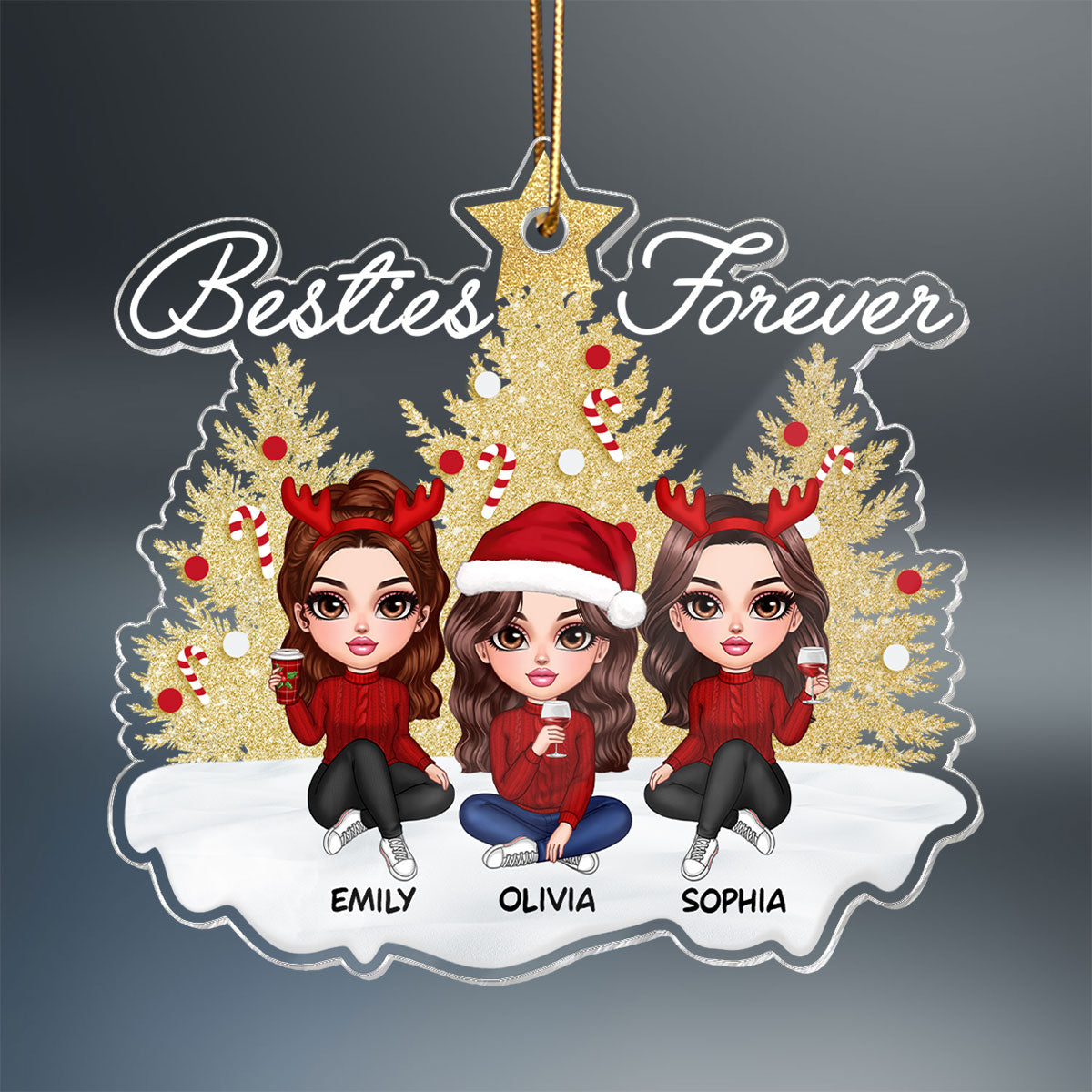 Sparkling Christmas Tree Besties Forever Personalized Acrylic Ornament, Christmas Gift For Best Friends
