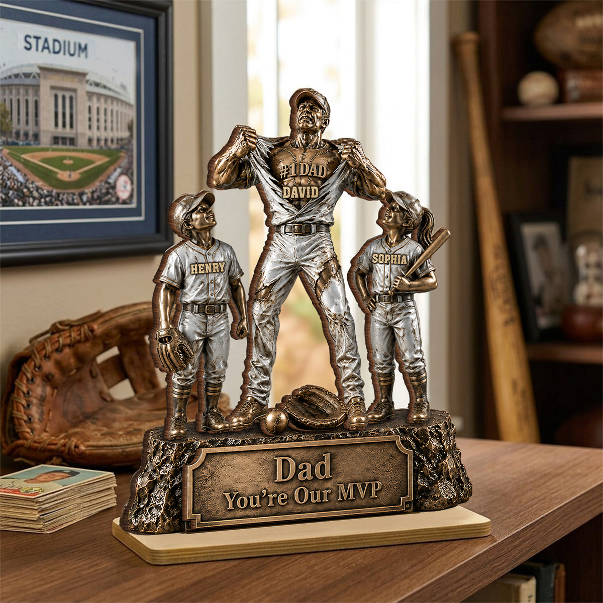 No 1 Dad Baseball Victory Trophy - Personalized 2-Layered Wooden Plaque - Father's Day Gift for Dad, Husband