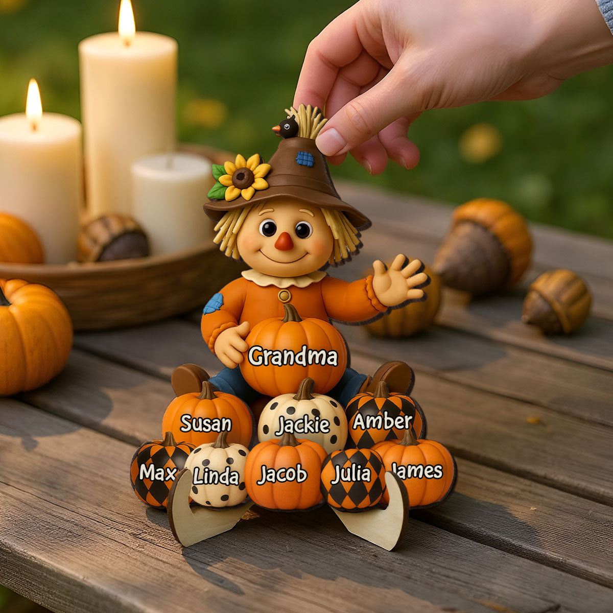 Fall Season Grandma Scarecrow Grandkids Pumpkins 3D Effect Personalized 2-Layer Wooden Plaque