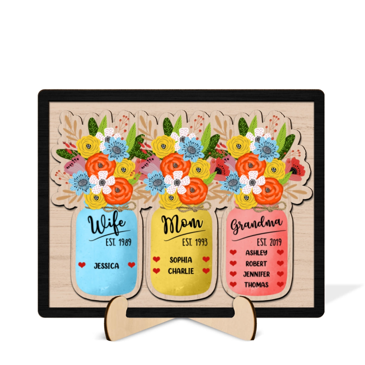 Wife Mom Grandma Flowers Jar Personalized Heart 2-layer Wooden Plaque