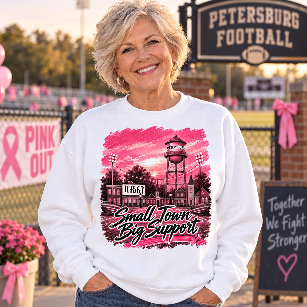 Small Town Big Support Breast Cancer Ribbon Football - Personalized Shirt - Coquette Game Day Mom Tee