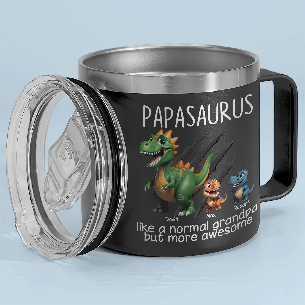 Grandpasaurus And Kids 3D Effect Dinosaurs Personalized Stainless Steel Tumbler With Handle, Father's Day Gift For Grandpa
