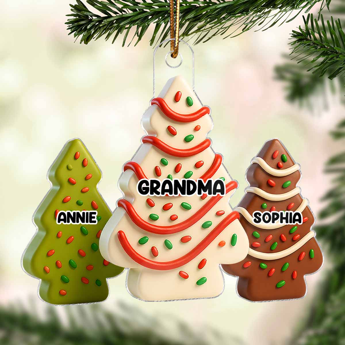 3D Effect Christmas Tree Cakes Grandma Grandkids - Personalized Acrylic Ornament