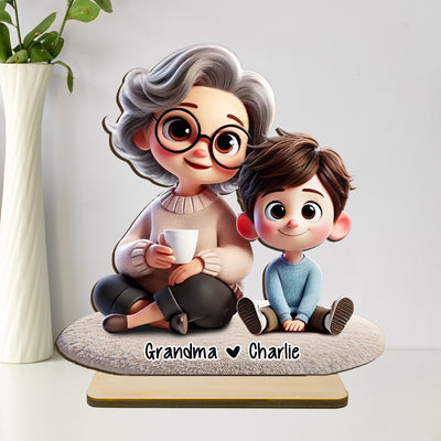 Happy Grandma & Grandkid 3D Personalized Standing Wooden Plaque, Perfect 2025 Gift For Mom, For Grandma
