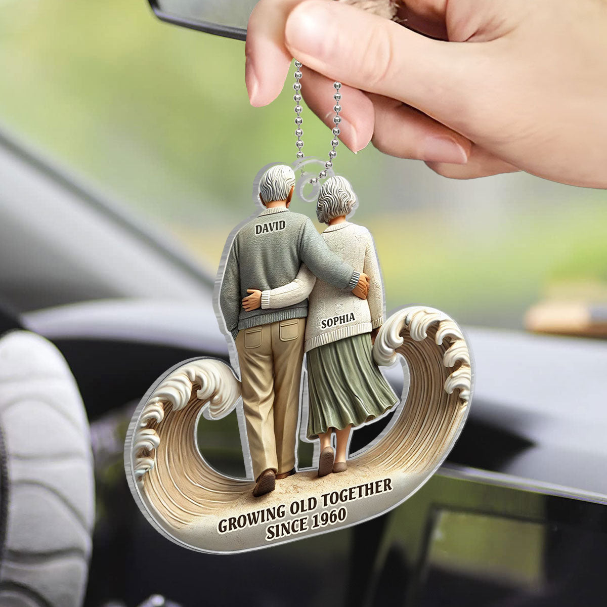 3D Effect Sea Waves Old Couple Walking Together Personalized Car Hanger Ornament, Heartfelt Gift For Couple, For Him, For Her, Husband, Wife