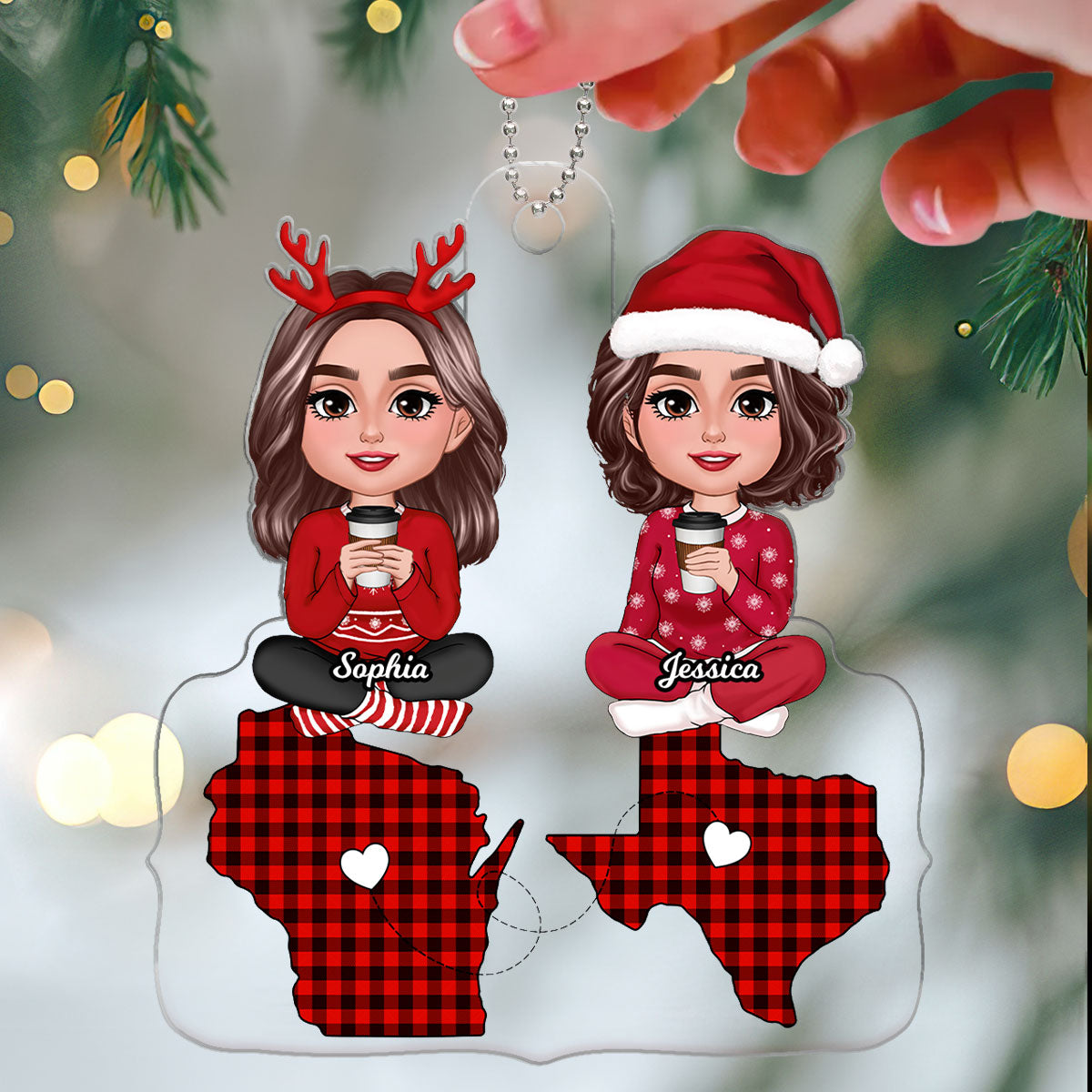 Doll Besties Sitting On State Maps Long Distance Friendship Personalized Acrylic Ornament