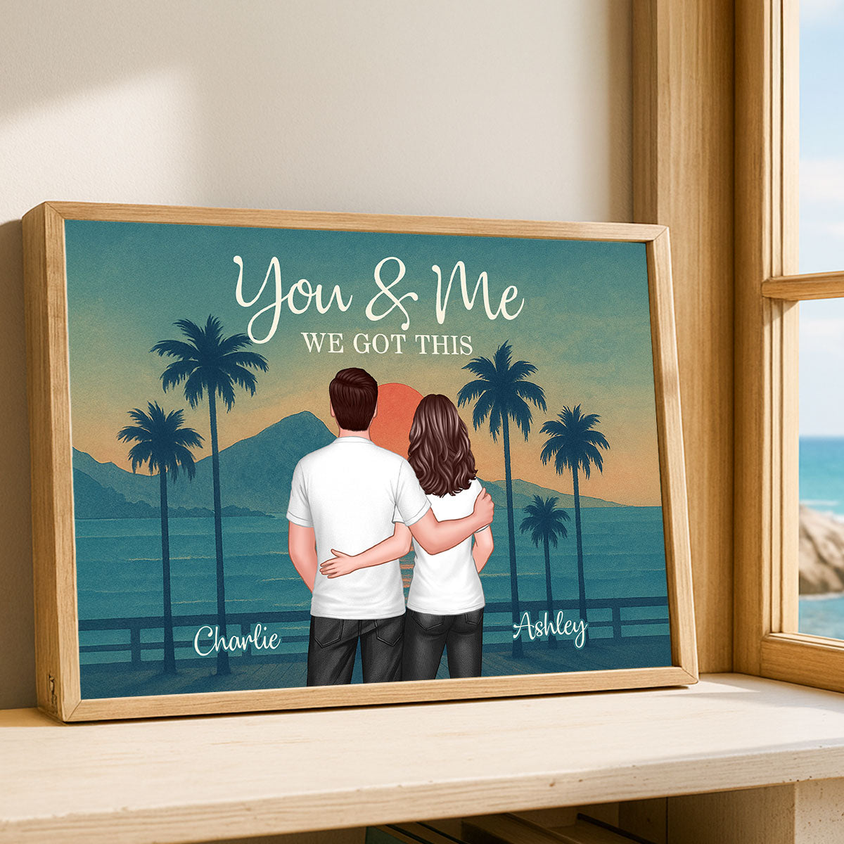 Retro Back View Couple Standing Hugging Personalized Poster, Anniversary gift for him, for her