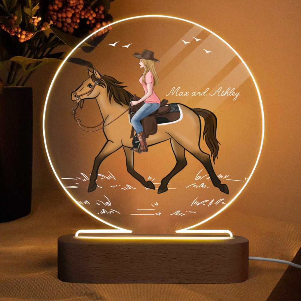 Girl Riding Horse Gift For Horse Lover Personalized Circle Acrylic Plaque With LED Night Light