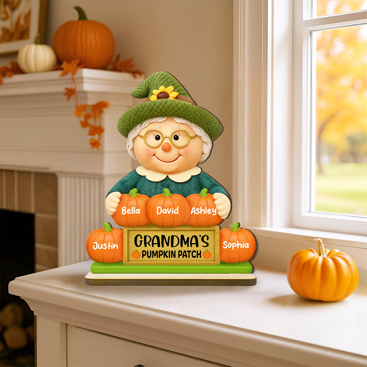 Grandma's Pumpkin Patch Scarecrow Personalized Standing Wooden Plaque, Fall Decor for Grandma