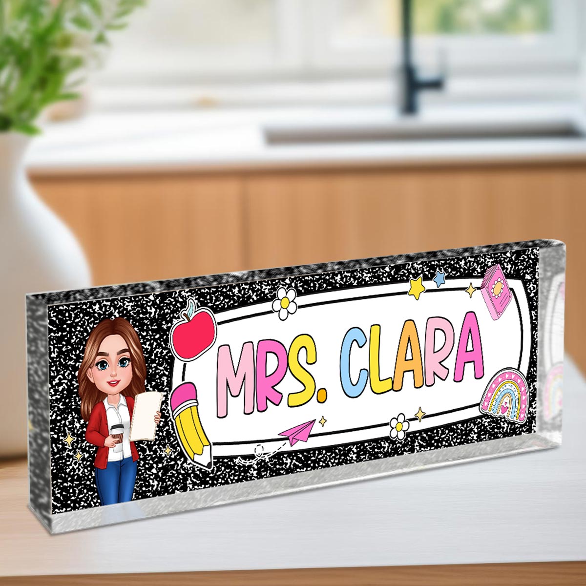 Teacher Composition Book Pattern Personalized Acrylic Desk Name Plate, Back To School Gift