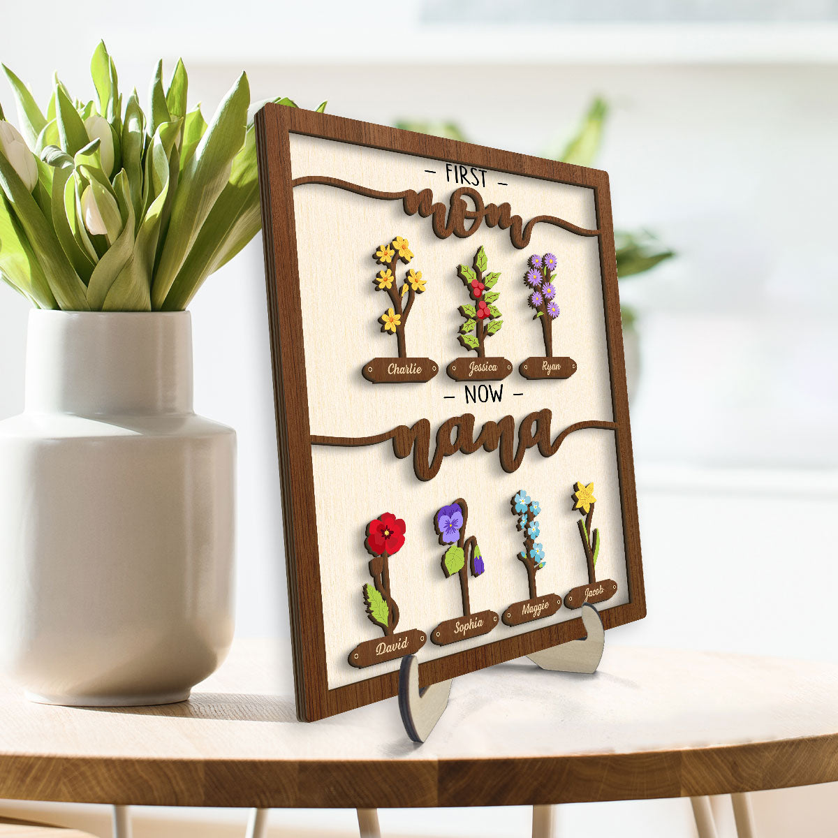 First Mom Now Grandma Simple Birth Month Flowers Personalized 2-layer Wooden Plaque