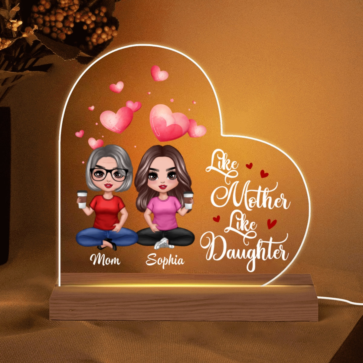 Watercolor Hearts Doll Mom And Daughters Sitting Personalized Custom Shape Acrylic Plaque LED Night Light