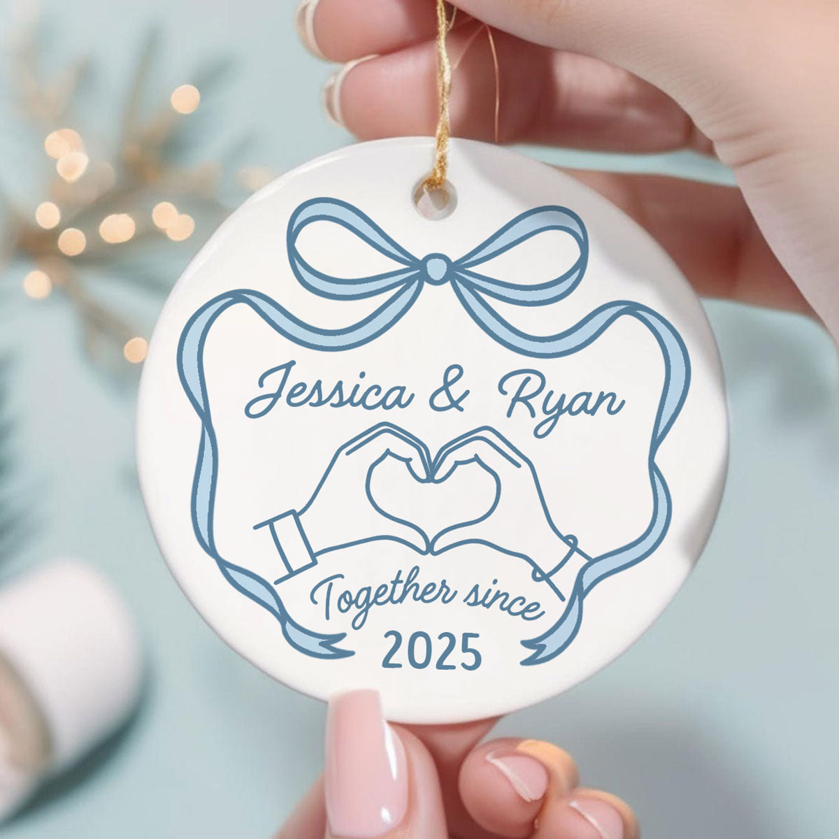 Couple Heart Hand Outline Christmas Personalized Ceramic Ornament