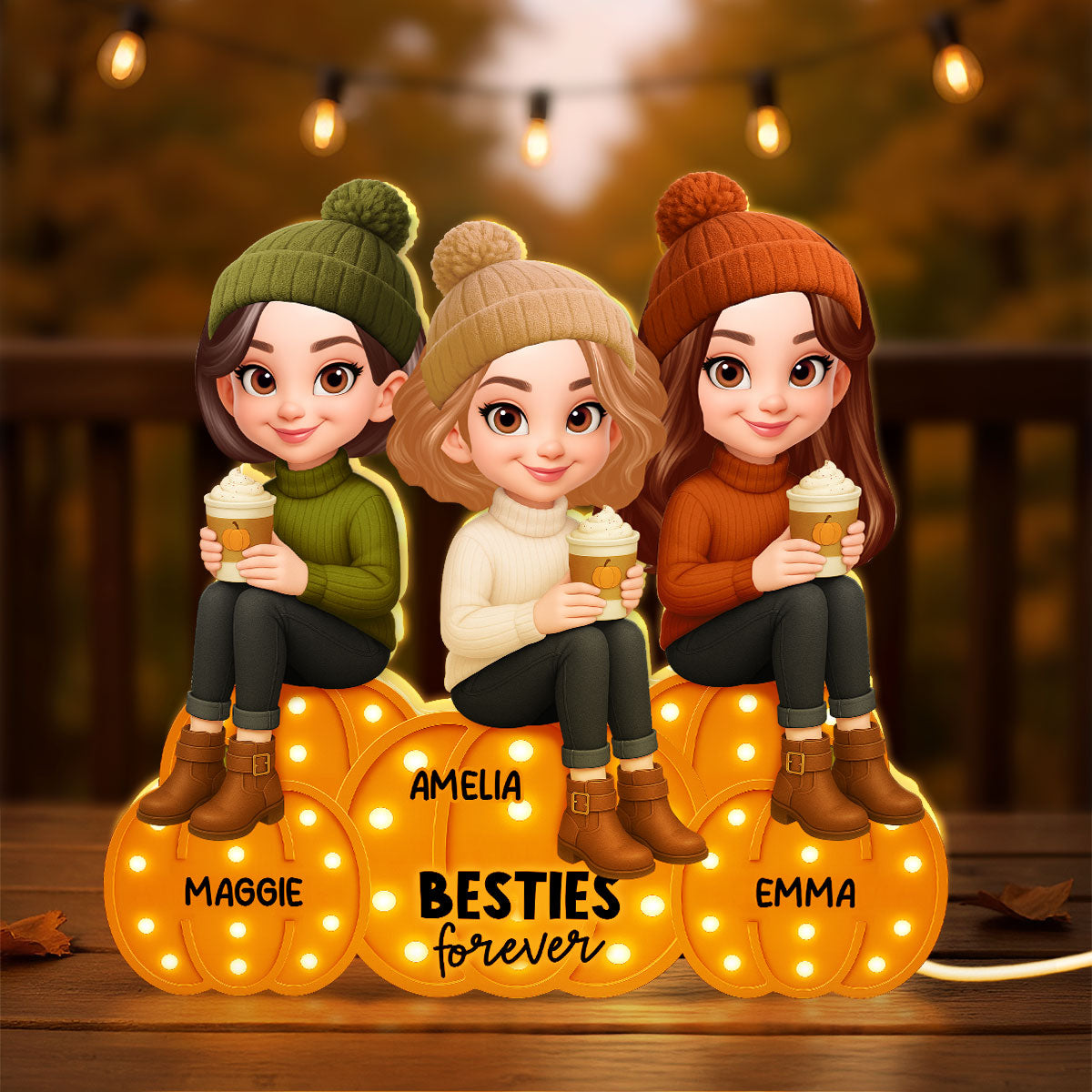 Besties Sisters Sitting On Pumpkins Marquee Pattern Effect Personalized LED Light Box, Cozy Fall Vibe Home Decoration
