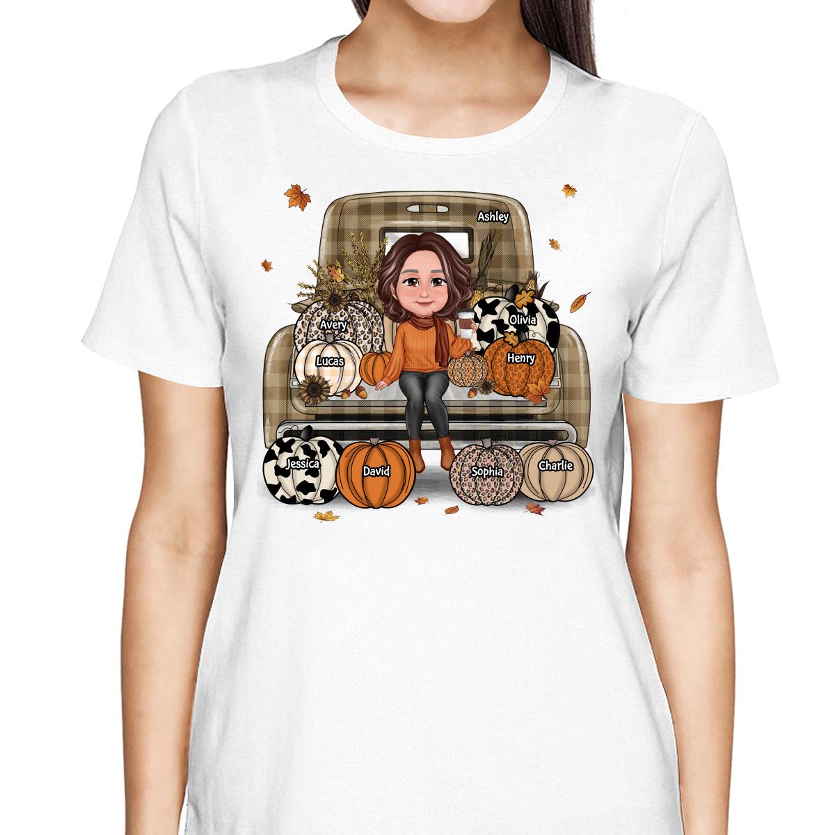 Grandma Mom Fall Season Sitting On Leopard Truck Pumpkins Personalized Shirt