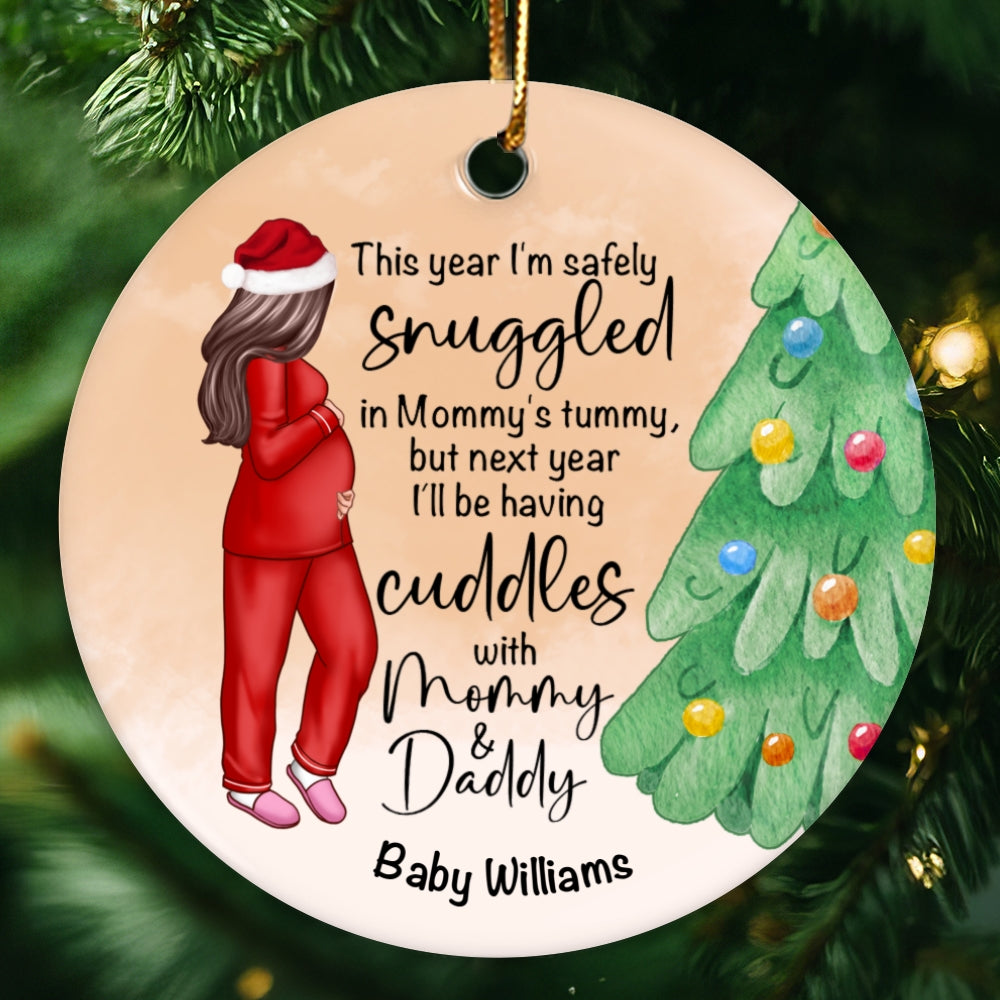 Bump Christmas, Pregnant Ornament, Snuggled in Mommy's Tummy, Personalized Circle Ceramic Ormament