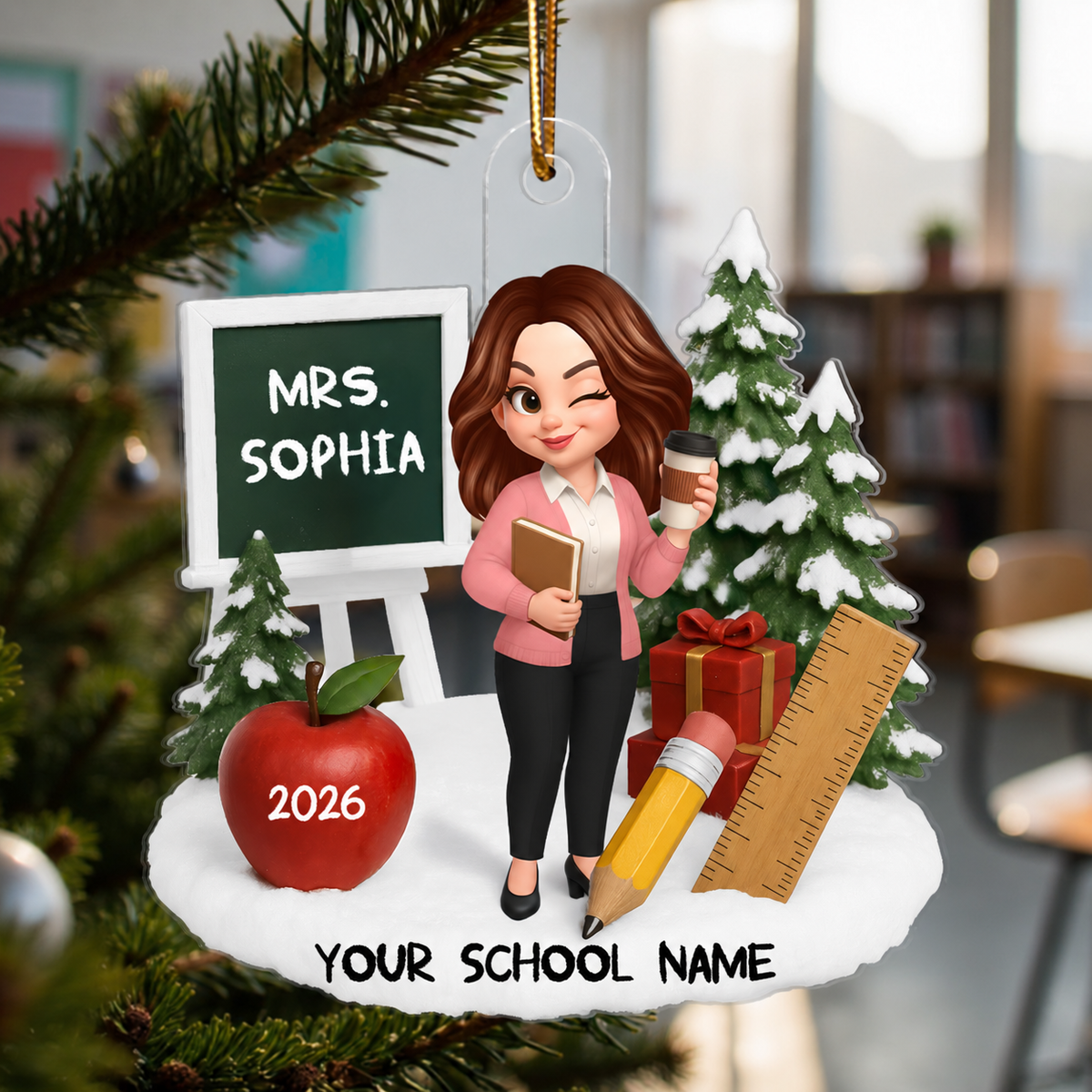 3D Effect Christmas Teacher Things - Personalized Acrylic Ornament - Gift For Teachers, Colleagues