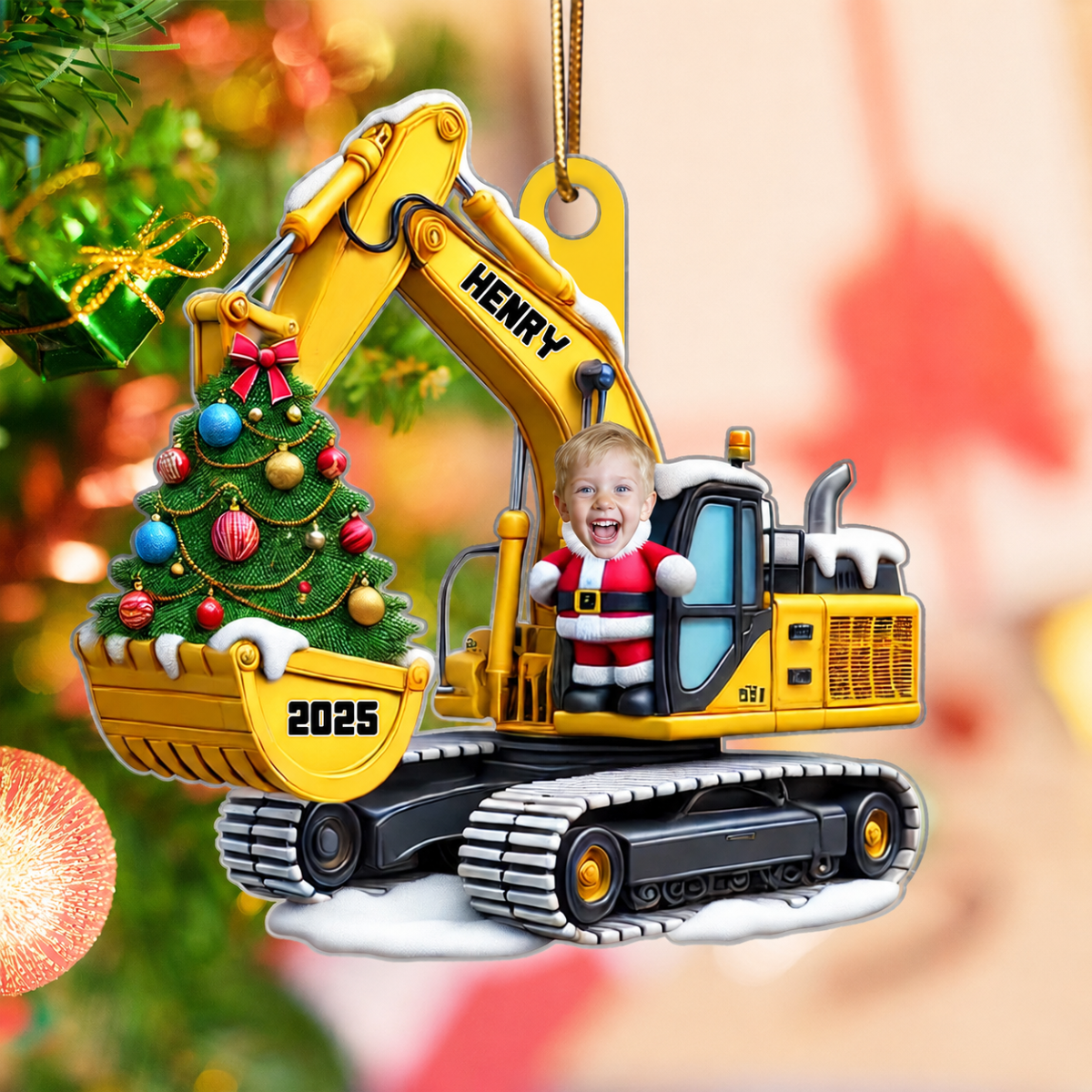 Personalized Xmas Excavator Construction Backhoe Kid Photo Ornament, 3D Effect Xmas Gift For Kids