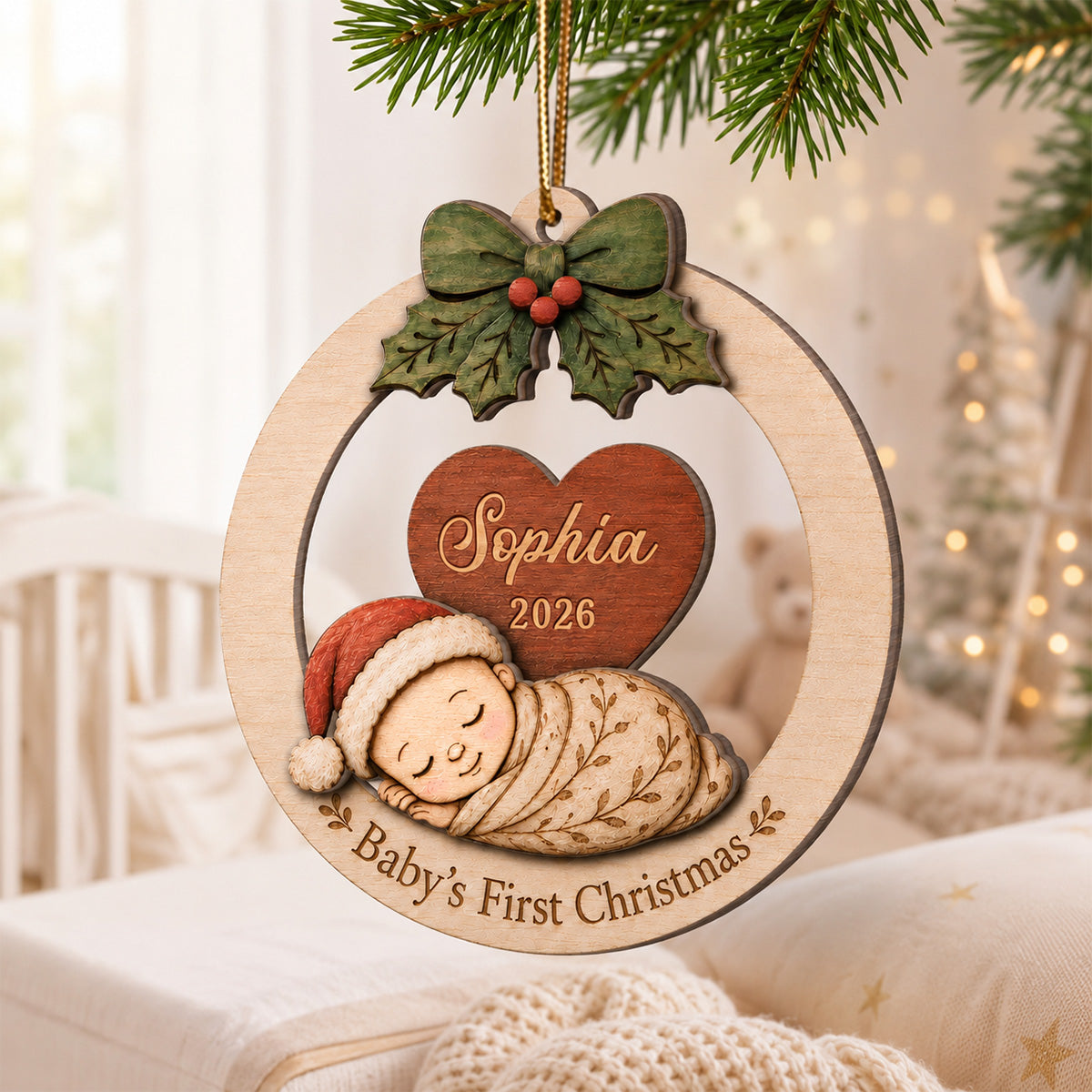 Baby's First Christmas Baby Sleeping - Personalized 2-Layered Wooden Ornament - Baby's 1st Christmas Keepsake