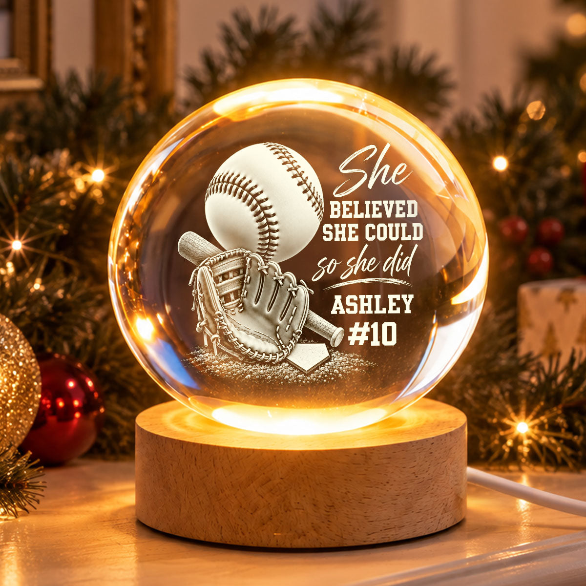 Proud Baseball Player Name And Number - Personalized Crystal Ball LED Night Light - Christmas Gift For Teenagers, Baseball Players, Baseball Lovers, Daughter, Granddaughter, Son, Grandson