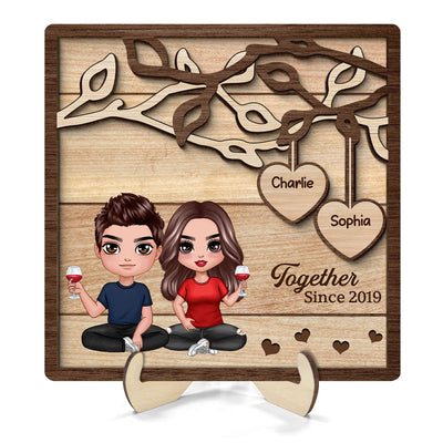 Doll Couple Sitting Under Tree Personalized 2-Layer Wooden Plaque