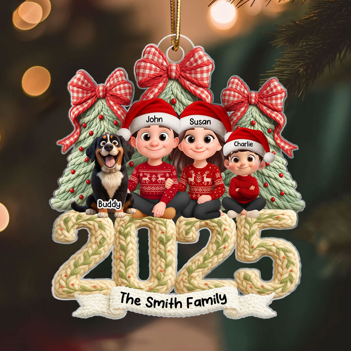 Family Sitting 2025 Latch Hook Yarn Faux - Personalized Acrylic Ornament - Christmas Gift for Family