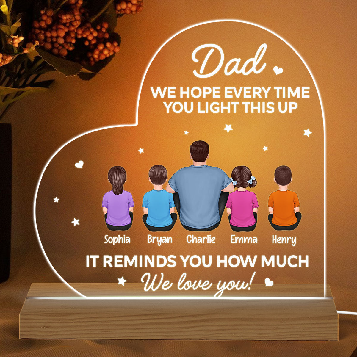 Dad Light This Up We Love You Back View Man Kids Dog Cat Sitting Father‘s Day Gift Personalized Warm Custom Shape Acrylic Plaque LED Night Light