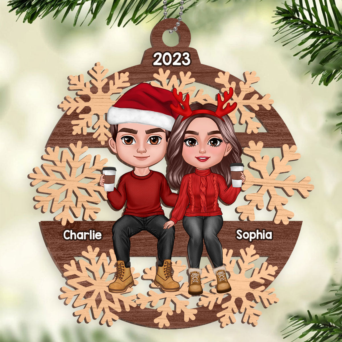 Snow Flake Christmas Couple Sitting Personalized Wooden Ornament